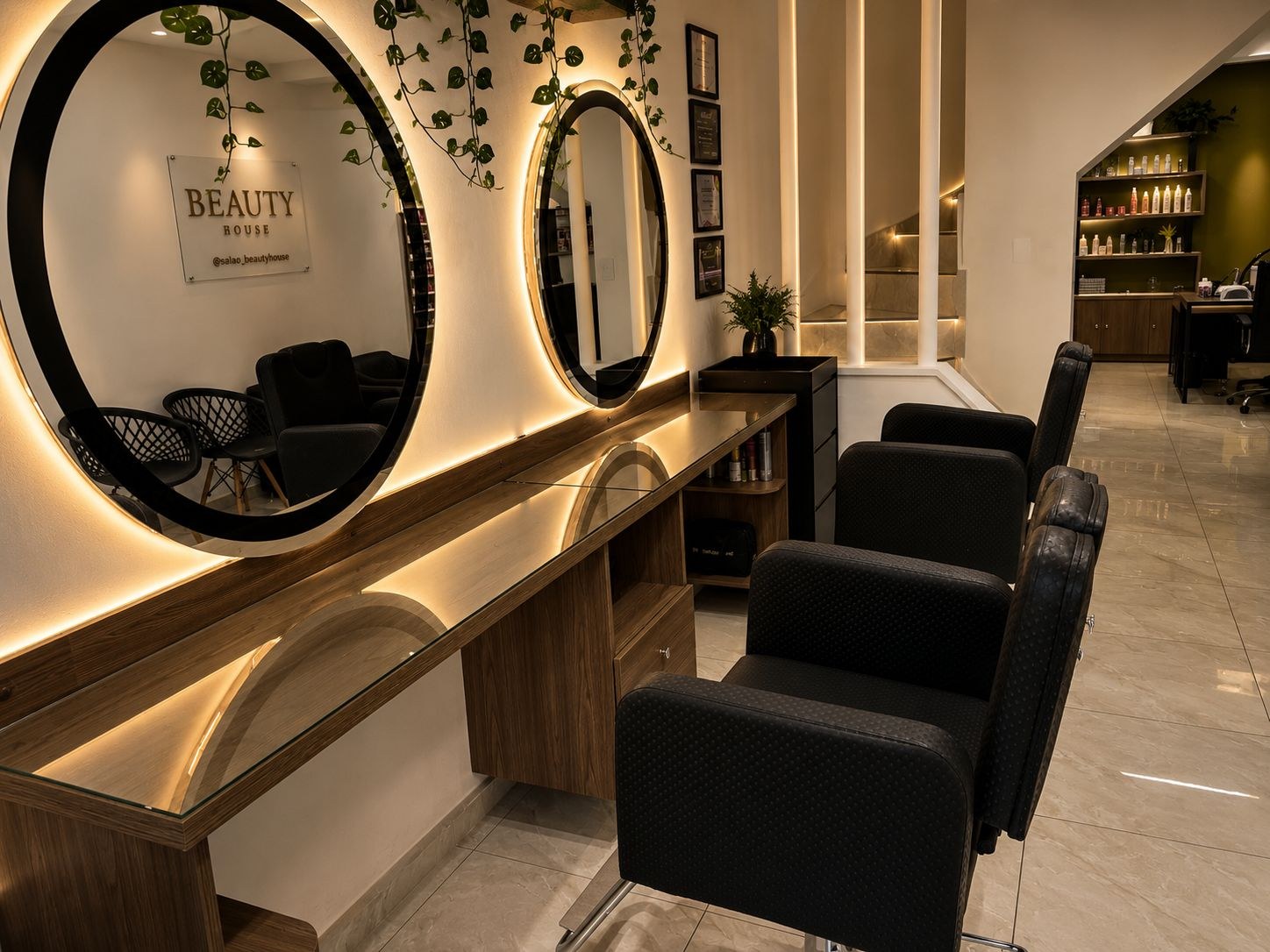 Espelhos e cadeiras de atendimento no Beauty House